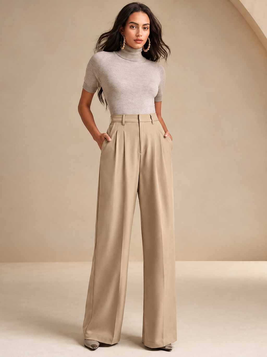 Women High-Rise Wide-Leg Pleated Korean Pants Trousers