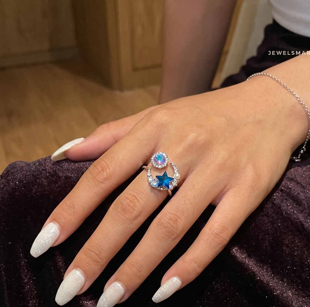 Dreamy Moon Star Ring - blue