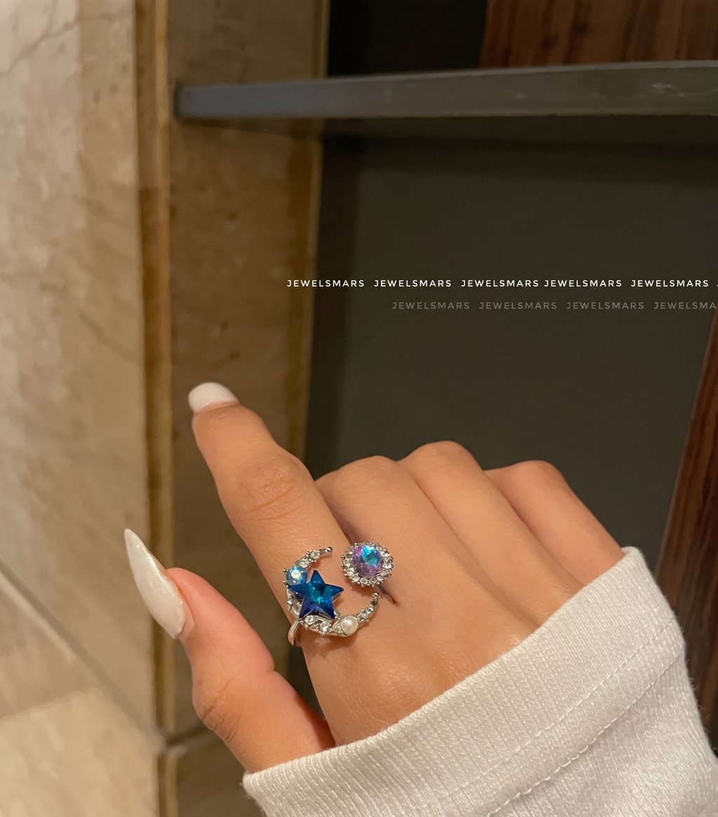 Dreamy Moon Star Ring - blue