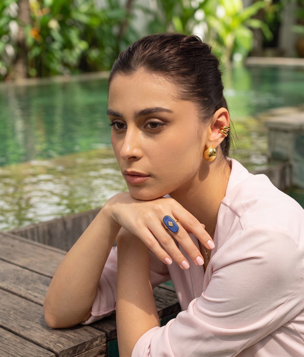 Women 18K Gold Plated Anti-Tarnish Lapis Statement Ring