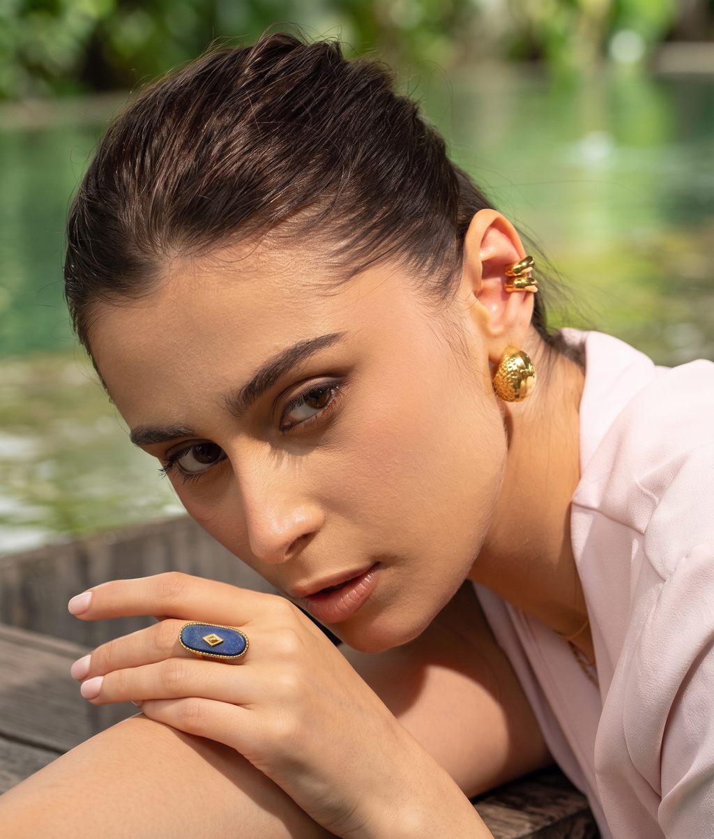 Women 18K Gold Plated Anti-Tarnish Lapis Statement Ring