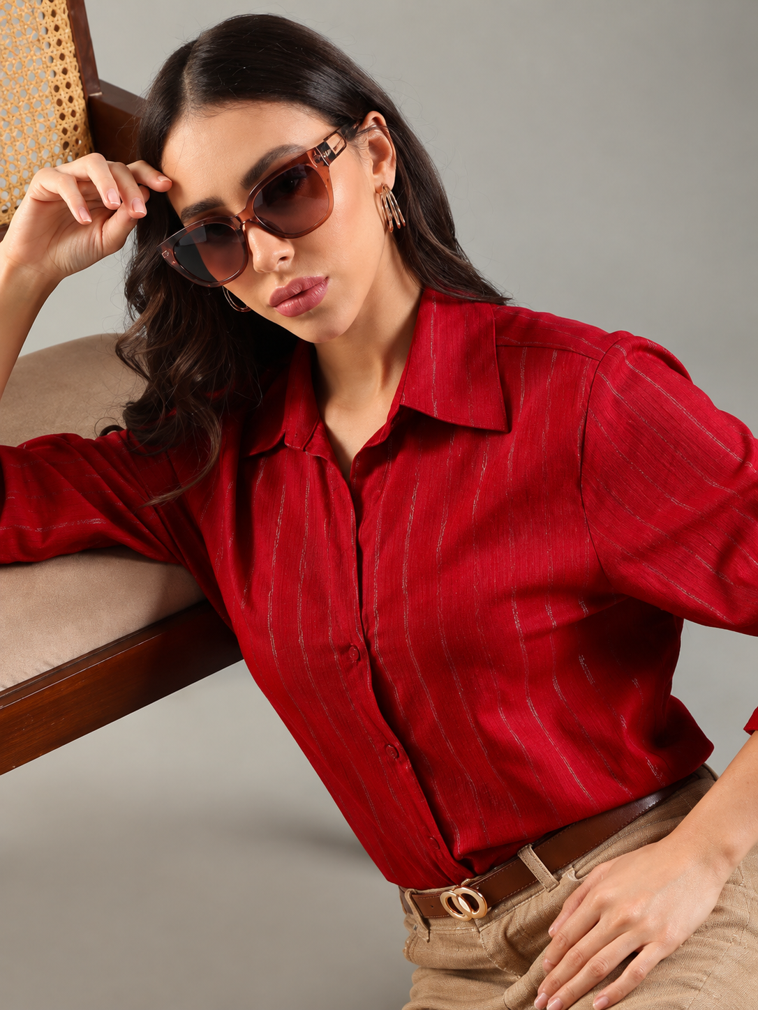 Women Relaxed Fit Textured Spread Collar Cotton Casual Shirt