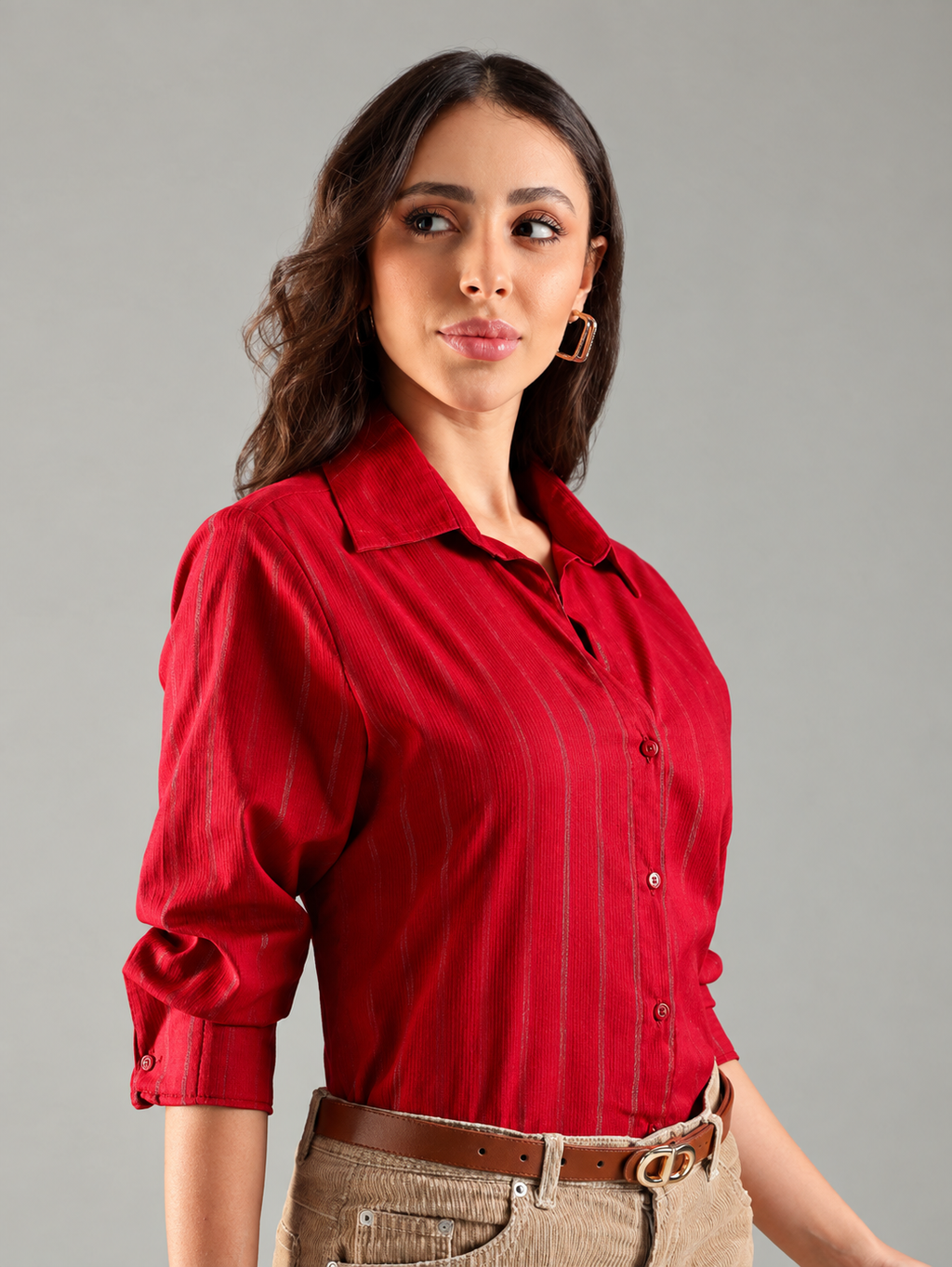 Women Relaxed Fit Textured Spread Collar Cotton Casual Shirt