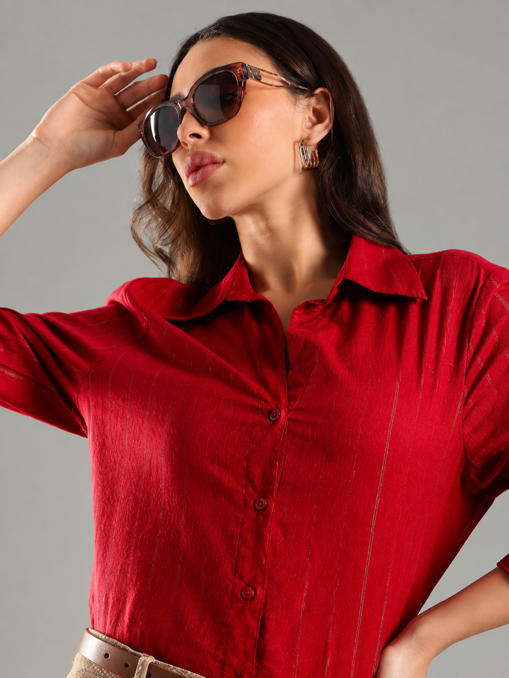 Women Relaxed Fit Textured Spread Collar Cotton Casual Shirt
