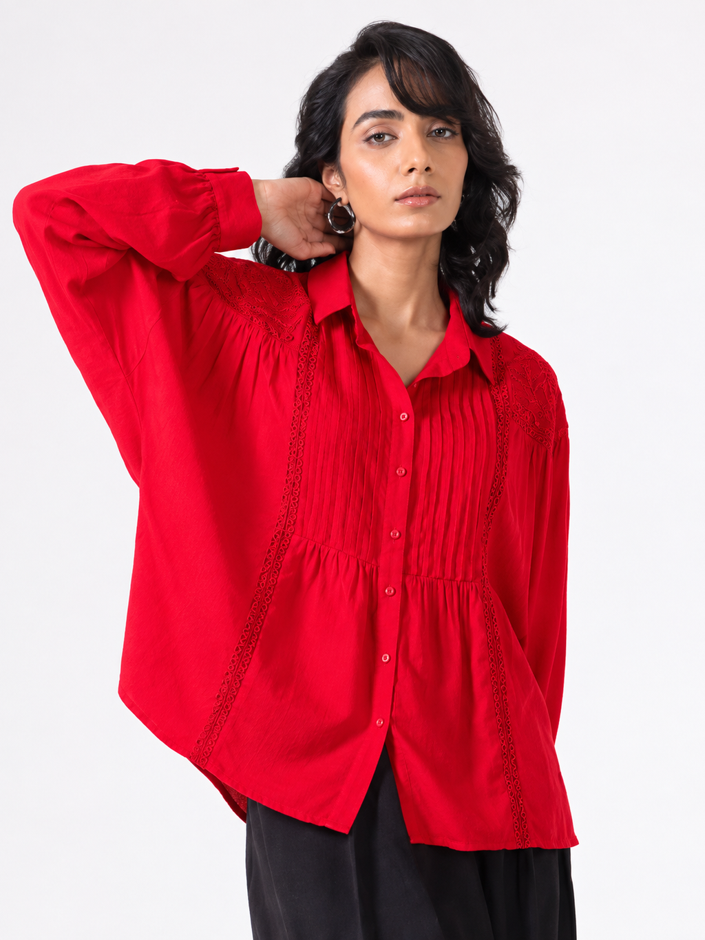 Crimson Pintuck Lace Detail Relaxed Fit Shirt