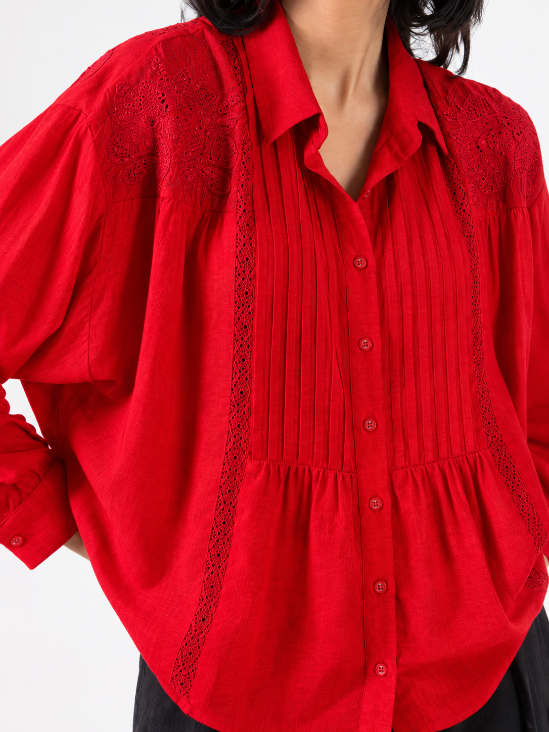 Crimson Pintuck Lace Detail Relaxed Fit Shirt