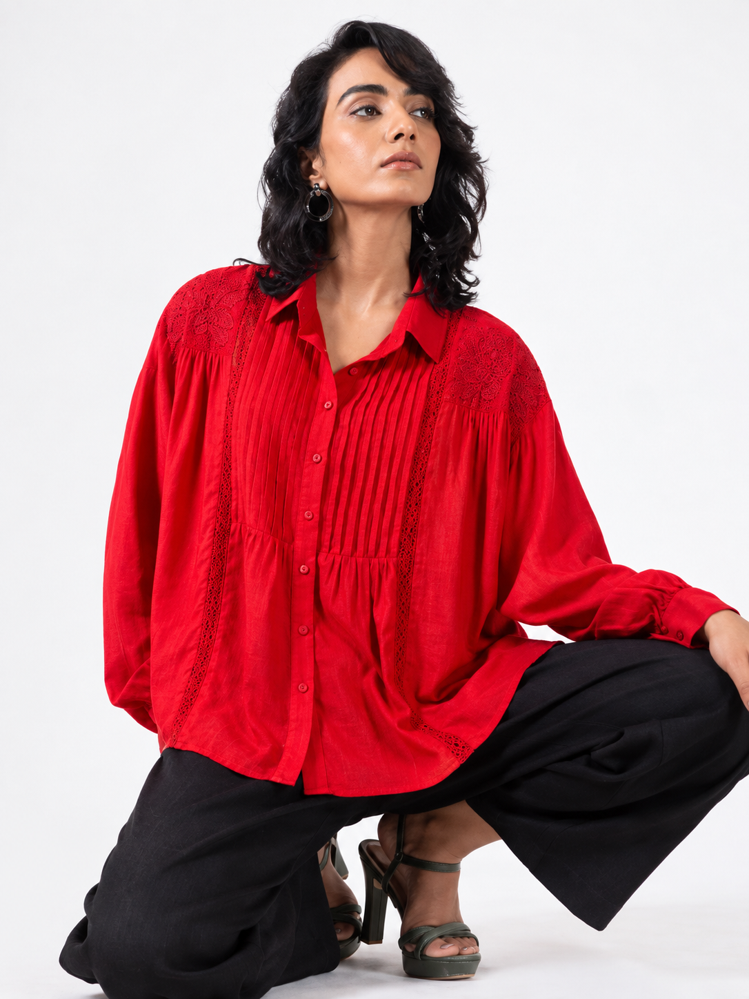 Crimson Pintuck Lace Detail Relaxed Fit Shirt