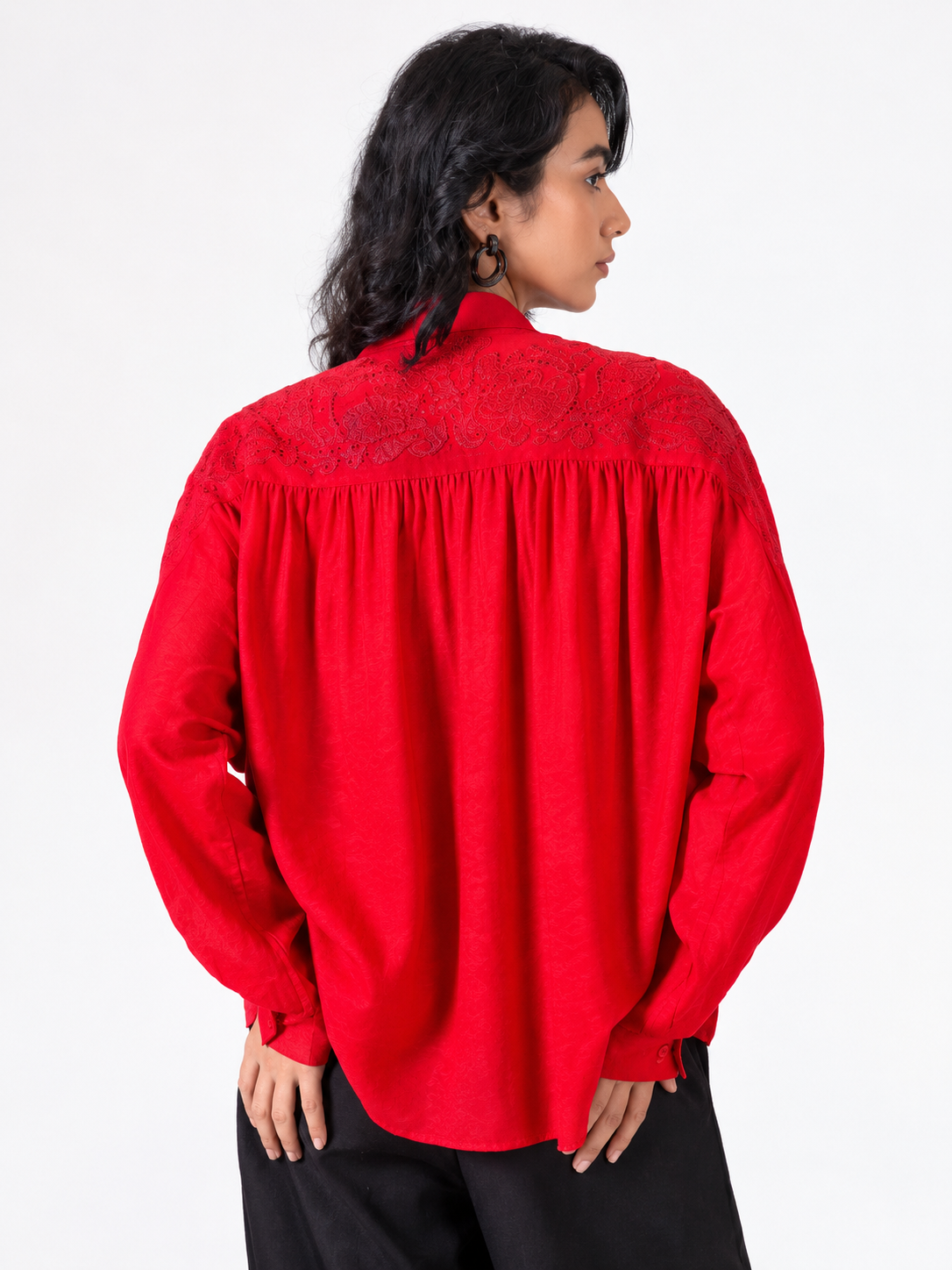 Crimson Pintuck Lace Detail Relaxed Fit Shirt