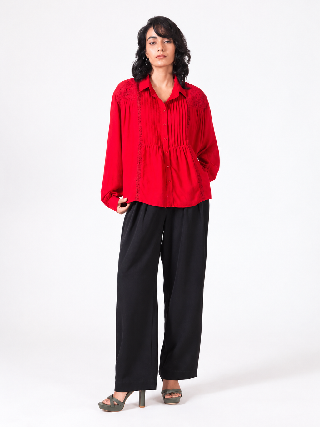 Crimson Pintuck Lace Detail Relaxed Fit Shirt