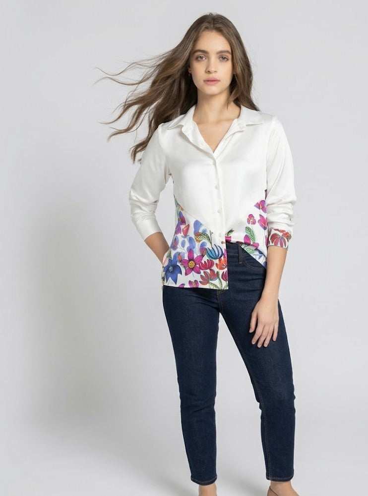 White floral print long sleeves button down satin shirt