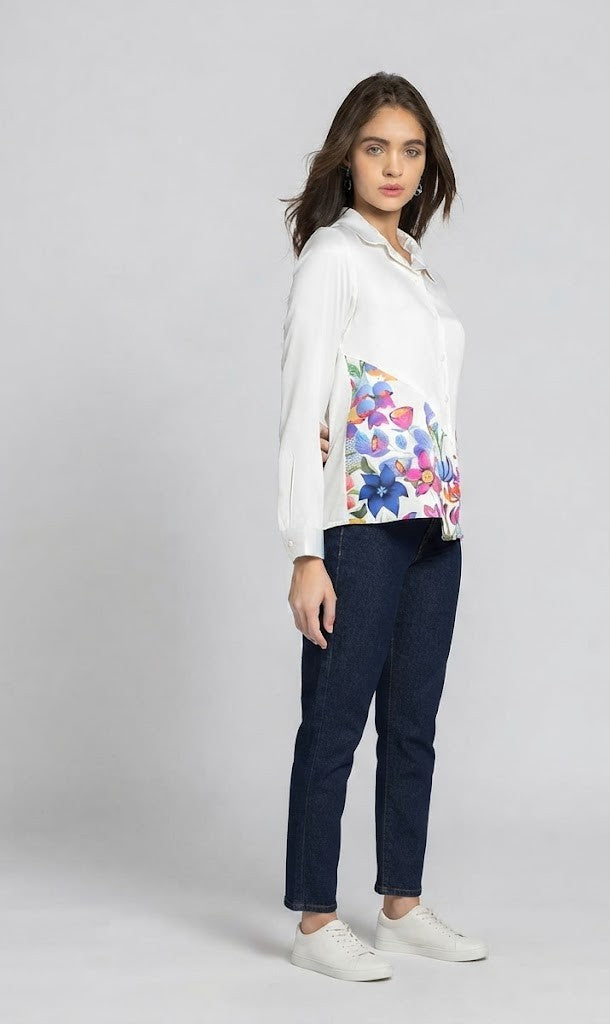 White floral print long sleeves button down satin shirt