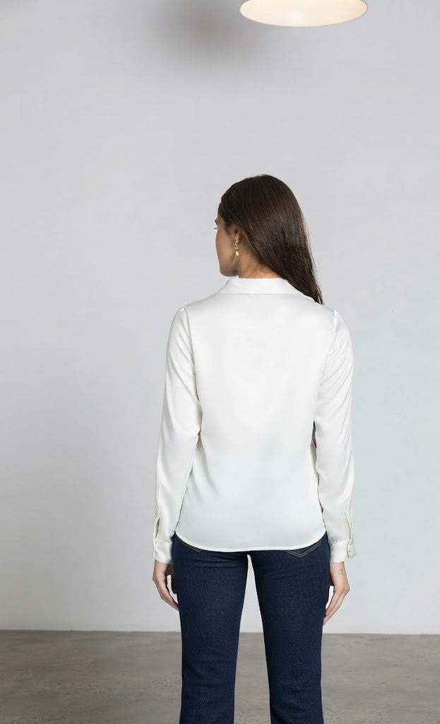 White floral print long sleeves button down satin shirt