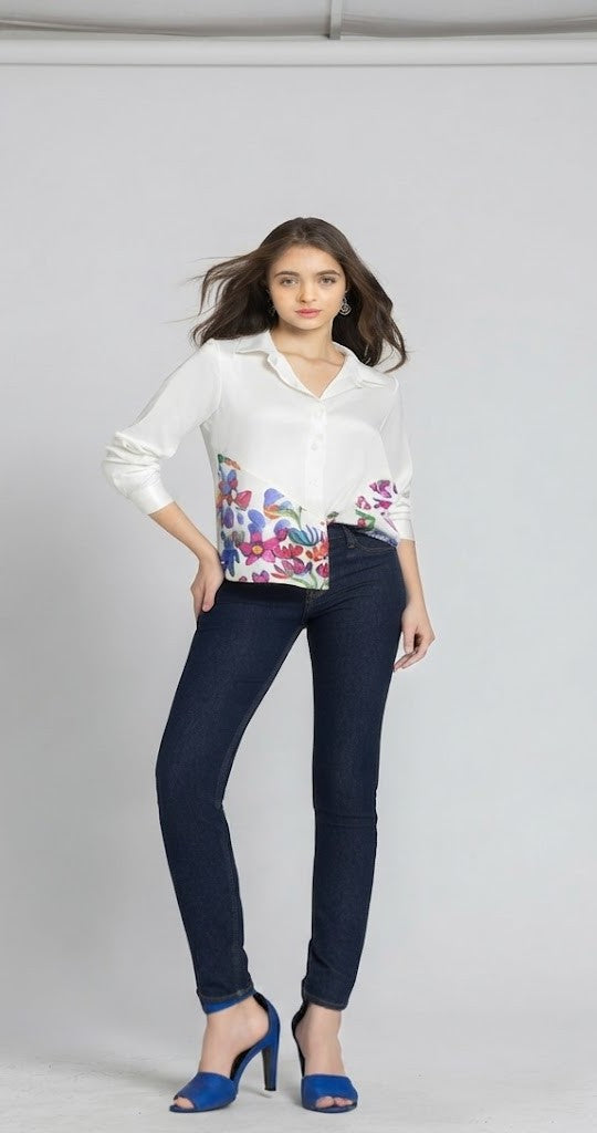 White floral print long sleeves button down satin shirt