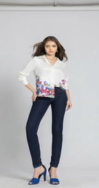 White floral print long sleeves button down satin shirt