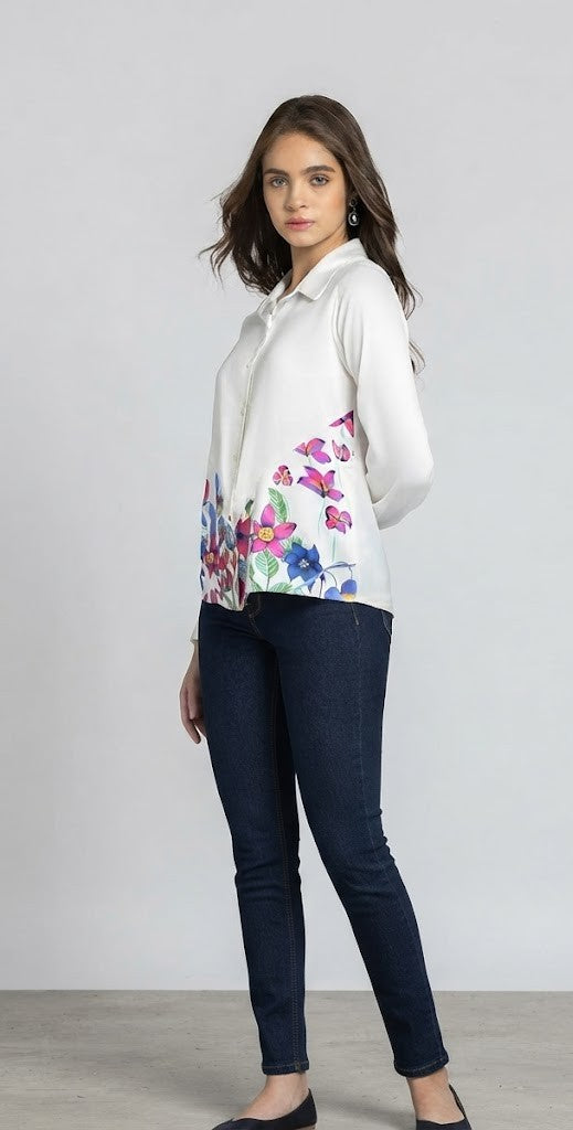 White floral print long sleeves button down satin shirt