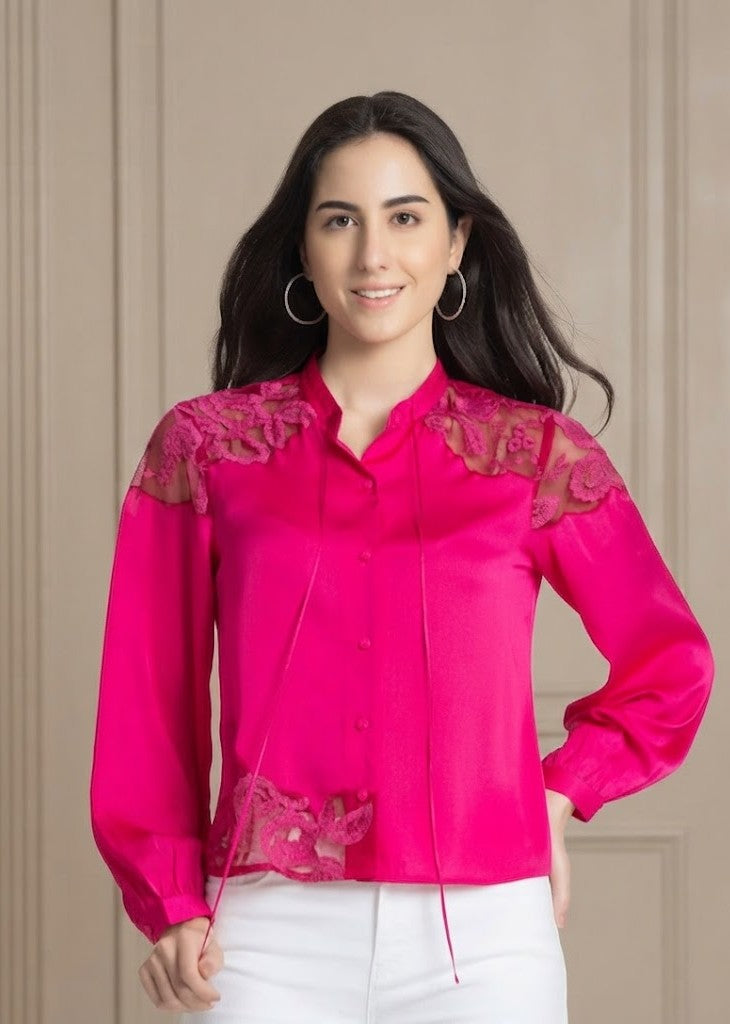 Fuchsia embroidered long sleeves tie up neck button down shirt