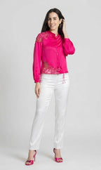 Fuchsia embroidered long sleeves tie up neck button down shirt
