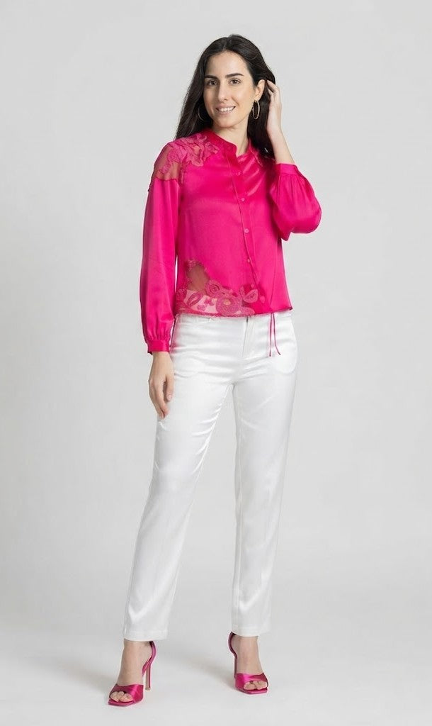 Fuchsia embroidered long sleeves tie up neck button down shirt