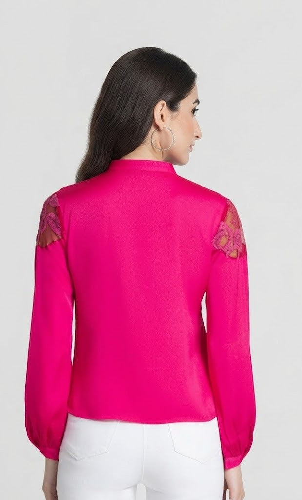 Fuchsia embroidered long sleeves tie up neck button down shirt
