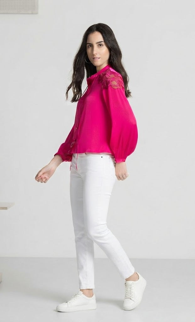 Fuchsia embroidered long sleeves tie up neck button down shirt