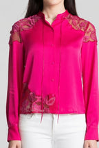 Fuchsia embroidered long sleeves tie up neck button down shirt