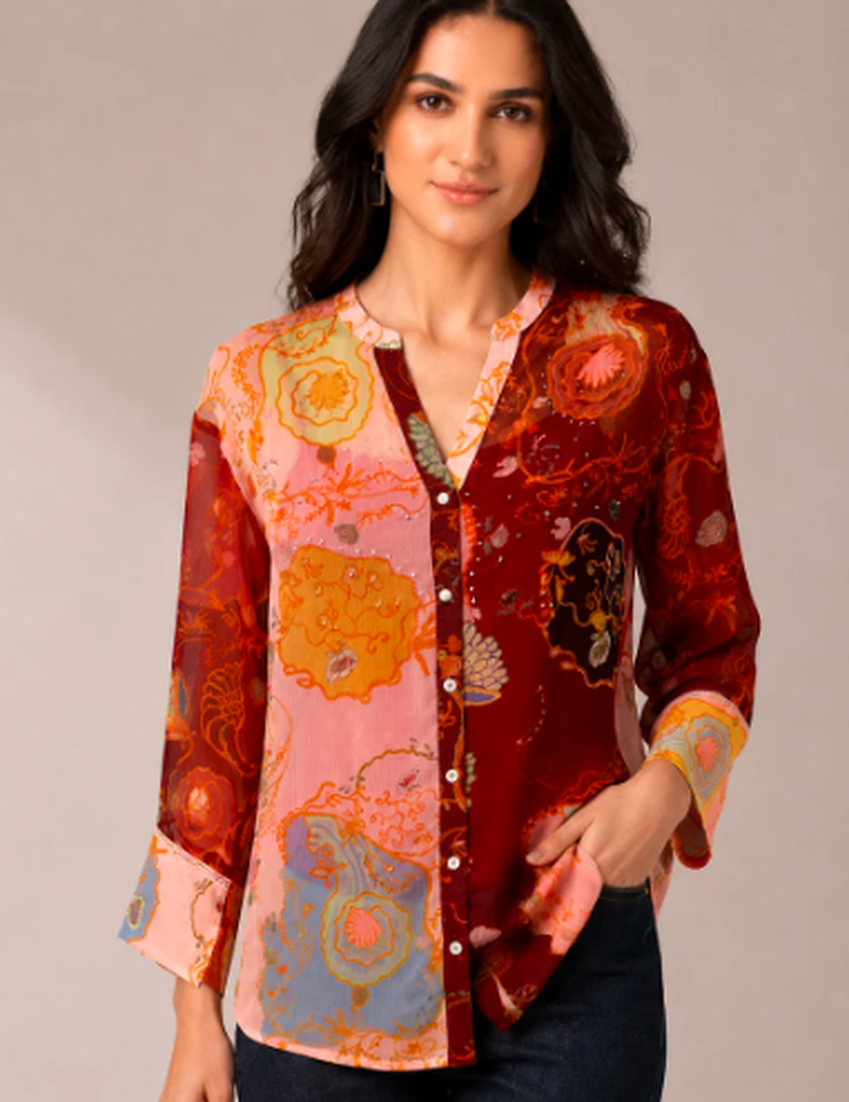 Multicolor Split-Tone Abstract Floral Satin Tunic Shirt With Cami