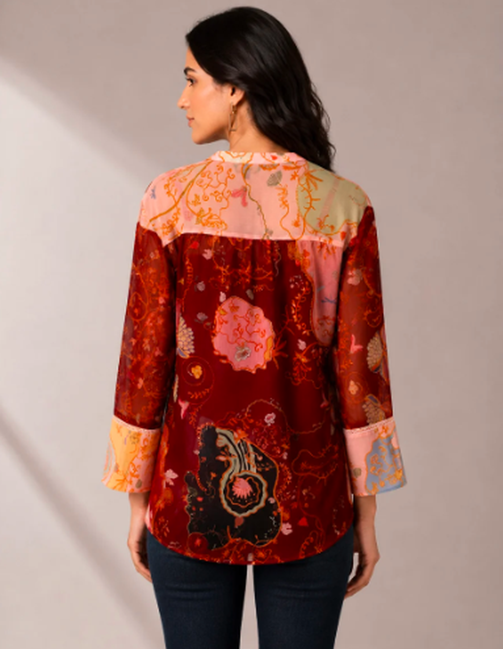 Multicolor Split-Tone Abstract Floral Satin Tunic Shirt With Cami