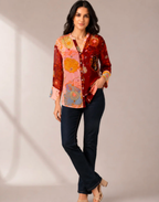 Multicolor Split-Tone Abstract Floral Satin Tunic Shirt With Cami
