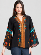 Black v-neck floral print full bell sleeves button down shirt