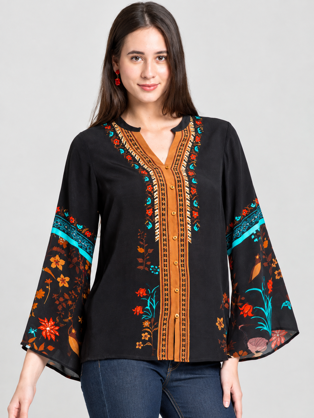 Black v-neck floral print full bell sleeves button down shirt