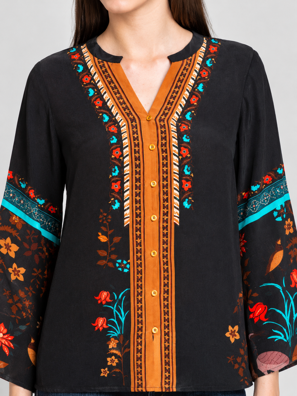 Black v-neck floral print full bell sleeves button down shirt