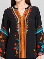 Black v-neck floral print full bell sleeves button down shirt