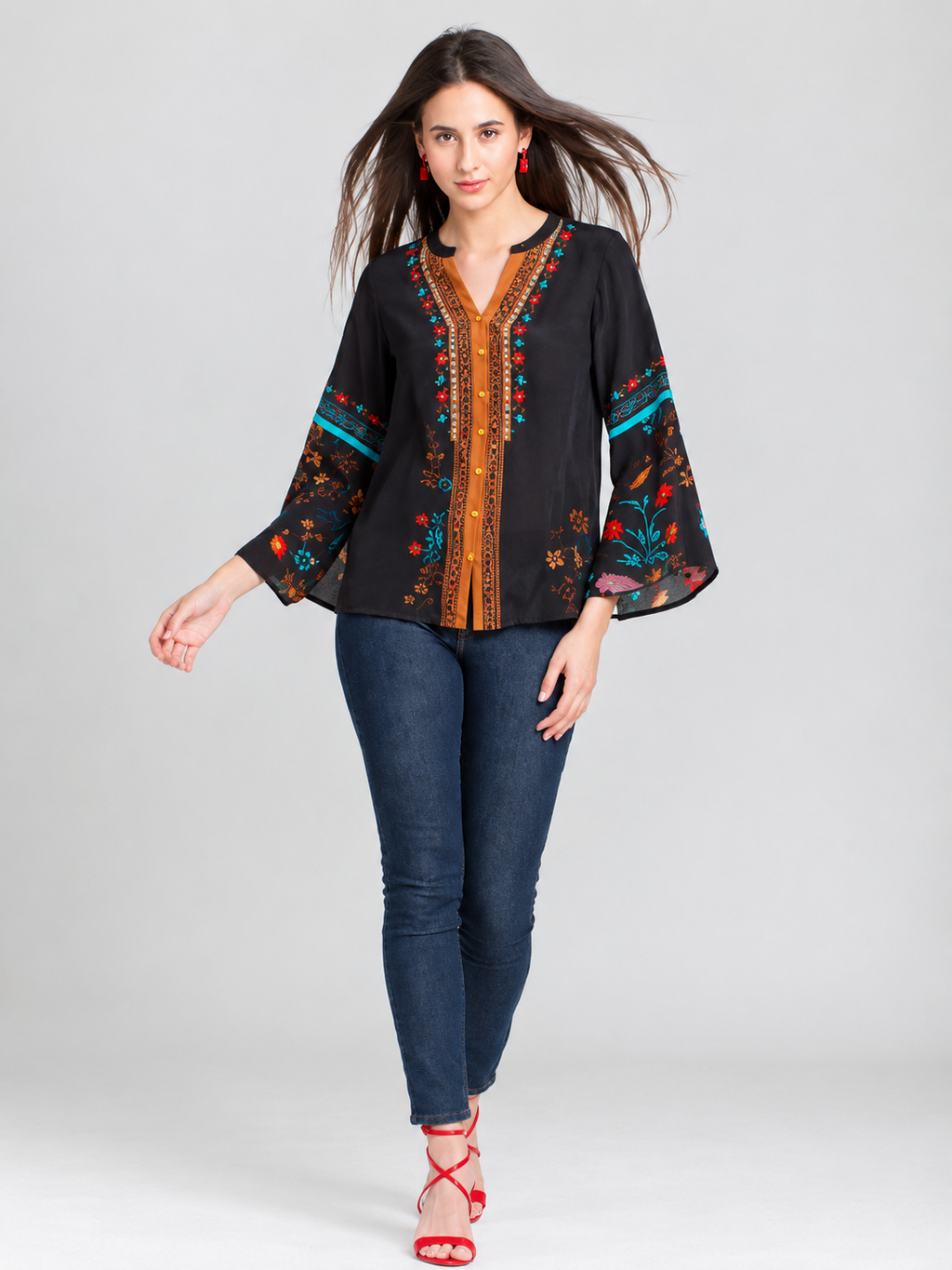Black v-neck floral print full bell sleeves button down shirt
