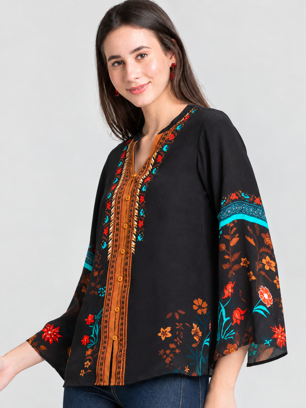 Black v-neck floral print full bell sleeves button down shirt