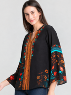 Black v-neck floral print full bell sleeves button down shirt