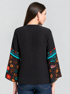 Black v-neck floral print full bell sleeves button down shirt