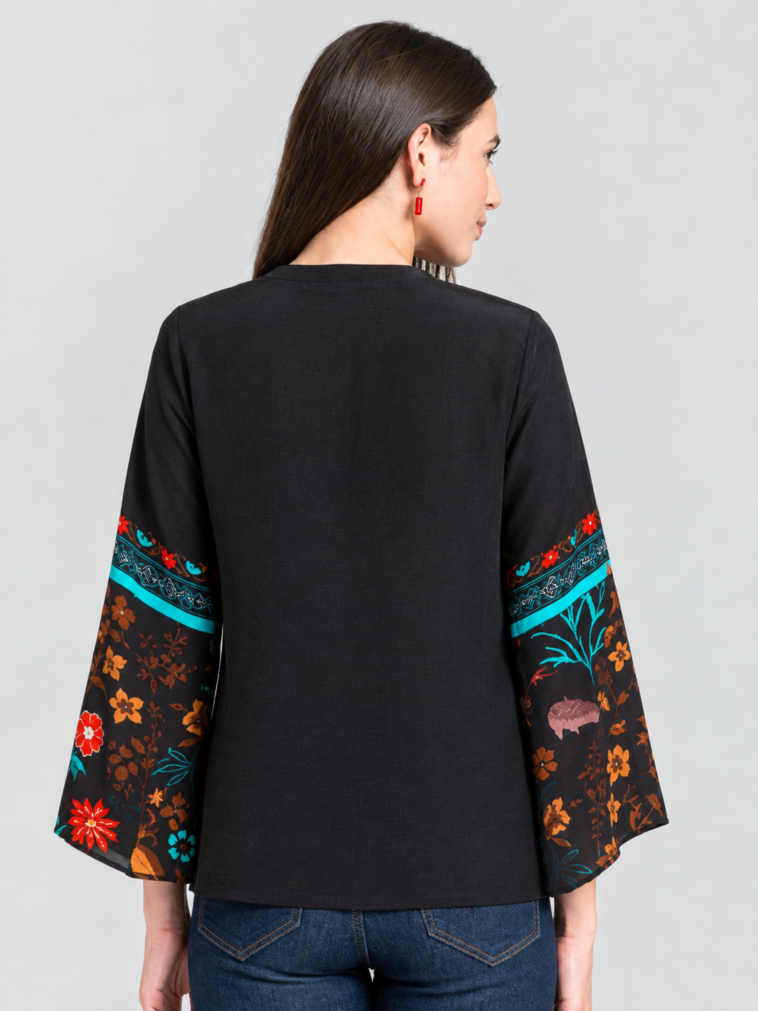 Black v-neck floral print full bell sleeves button down shirt