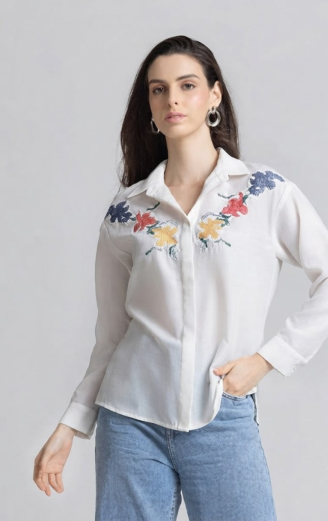 White Spread Collar Embroidered Full Sleeves Button Down Shirt