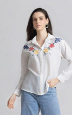 White Spread Collar Embroidered Full Sleeves Button Down Shirt