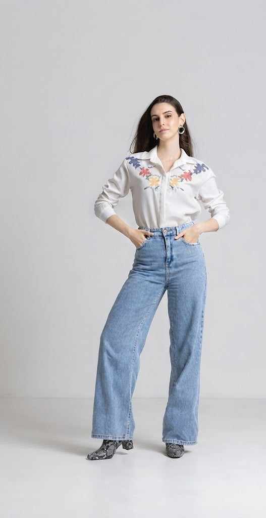White Spread Collar Embroidered Full Sleeves Button Down Shirt