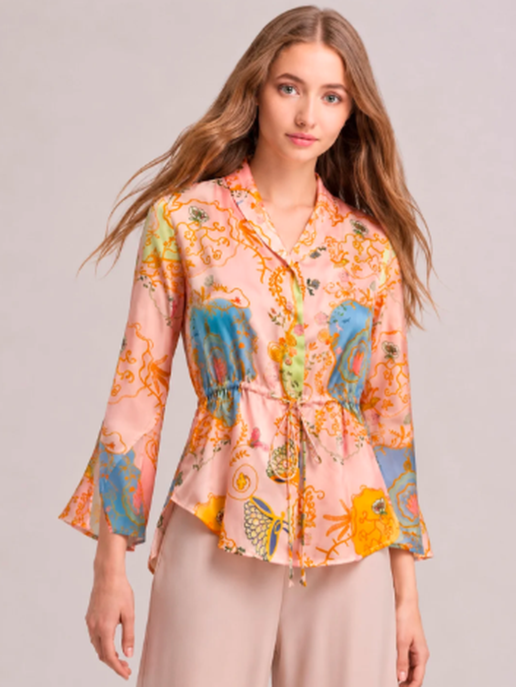 Blush Pink Botanical Print Soft Satin Peplum Shirt