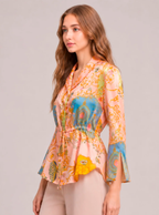 Blush Pink Botanical Print Soft Satin Peplum Shirt