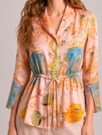 Blush Pink Botanical Print Soft Satin Peplum Shirt