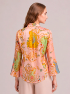 Blush Pink Botanical Print Soft Satin Peplum Shirt