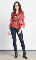Red floral print cinched waist shirt