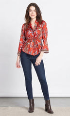 Red floral print cinched waist shirt