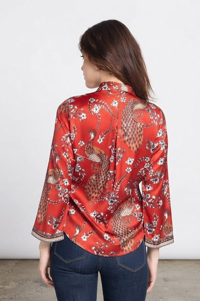 Red floral print cinched waist shirt