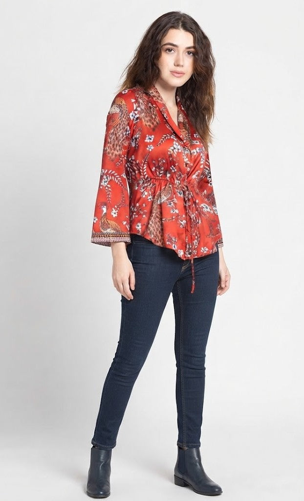 Red floral print cinched waist shirt