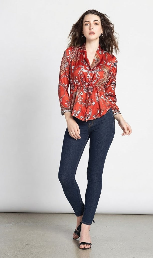 Red floral print cinched waist shirt