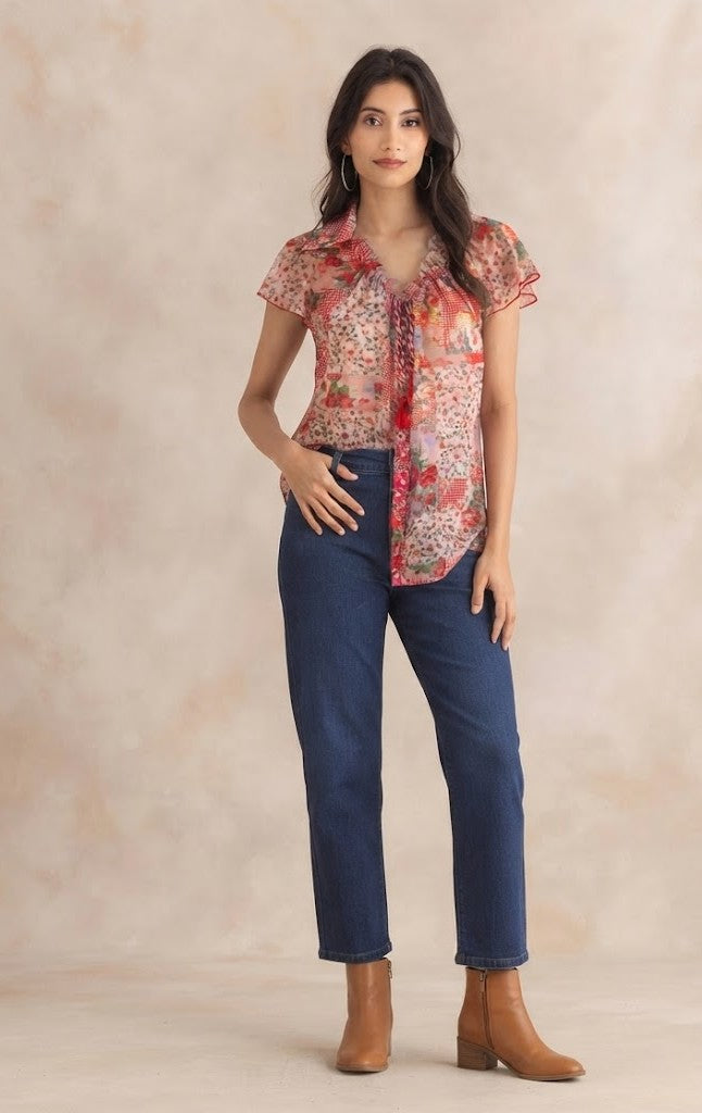 Red Floral Print Spread Collar Short Sleeves Button Down Shirt with Cami